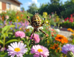 Ornate Garden Spider on Delicate Floral Web