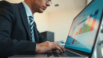 Man in suit using laptop with bar charts and financial data on screen glasses