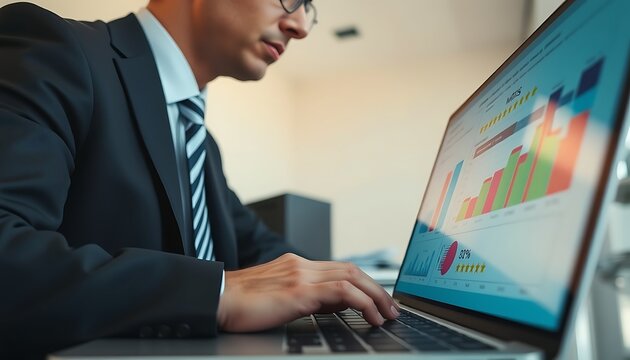Man in suit using laptop with bar charts and financial data on screen glasses