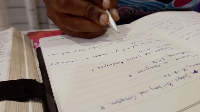 African sitting, writing slowly with white pen on white paper sheet page with black cover diary on table. Woman in violet floral dress having Bible studies, taking notes
