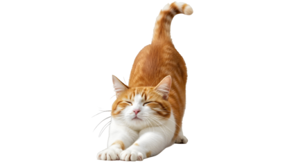 Adorable orange tabby cat stretching luxuriously with eyes closed, embodying pure comfort and relaxation for your projects.