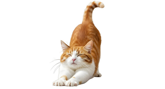 Adorable orange tabby cat stretching luxuriously with eyes closed, embodying pure comfort and relaxation for your projects.
