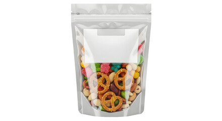Fototapeta premium Vibrant snack mix in resealable pouch with blank label, perfect for impulse buys and on-the-go enjoyment