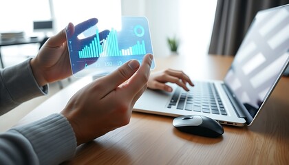 Person holding transparent screen with financial charts while using laptop hands computer