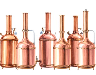 Copper brewing equipment. Watercolor illustration of various copper brewing vessels