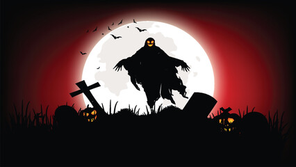 Halloween template, the rise of the demon king in the middle of a graveyard full of pumpkins
