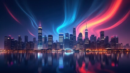 Obraz premium City of Lights Rising Beneath the Neon Aurora of Dreams