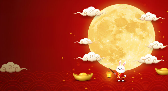 Lunar New Year Rabbit with Lantern, Full Moon, Gold Ingots, and Clouds - Festive Celebration Background.