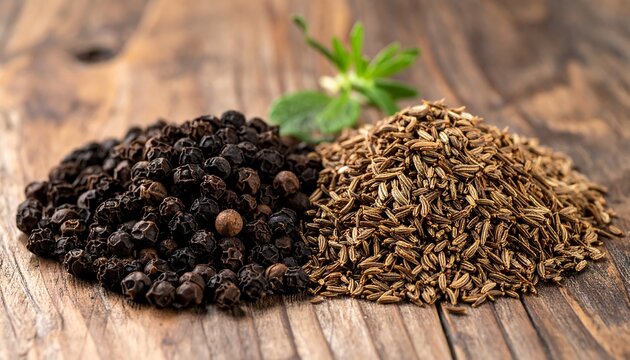 Black peppercorns and cumin seeds on a wooden table