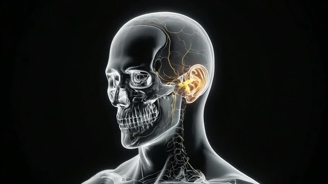 3D Animation of Human Ear Anatomy with Glowing Internal Structures, Medical Visualization of Hearing and Auditory System