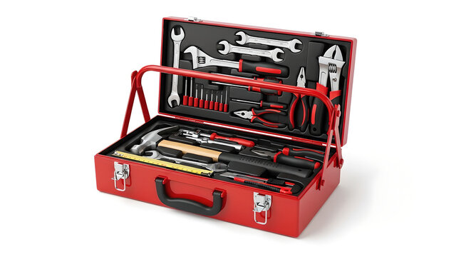 Open Red Toolbox Filled with an Assortment of Hand Tools on a White Background