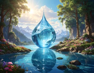 Serene Mountain Lake with a Pristine Water Droplet