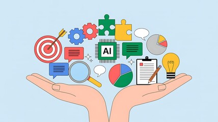 Hands holding various business and technology icons representing innovation and artificial intelligence concepts