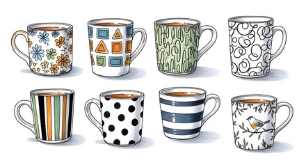 Collection of stylish cups filled with coffee 