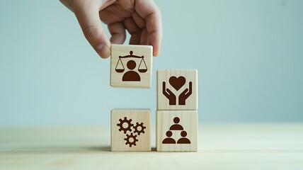 Human hand placing a wooden block with a scale icon on top of other blocks symbolizing teamwork and ethics.