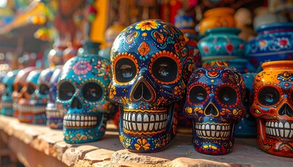 Fototapeta premium Colorful skull decorations displayed in a market
