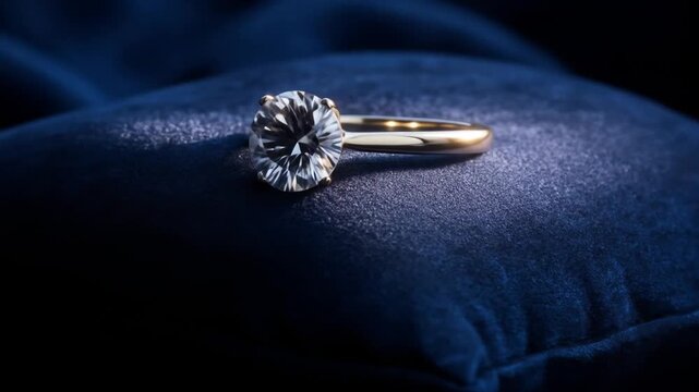 A radiant diamond solitaire ring rests elegantly on a dark blue velvet cushion.