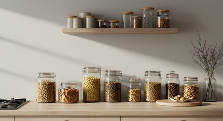 A collection of jars, on a wooden shelf and countertop