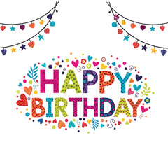 Colorful and decorative happy birthday greeting with festive string lights.