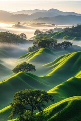 Lush green hills rolling into a misty sunrise