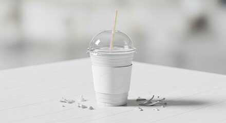 Blank white plastic cup with dome lid and straw, isolated mockup for branding design.