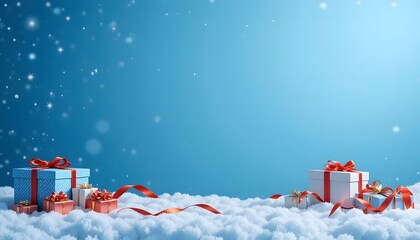 Christmas Gift Boxes of Various Sizes Wrapped with Red Ribbon on Snow Field and Snowflakes on Blue Background
