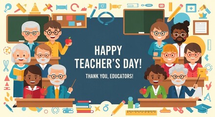 Teacher’s Day illustration with diverse educators, classroom elements and thank you message.