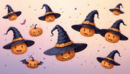 Halloween Background with Flying Pumpkins Wearing Witch Hats of Various Expressions
