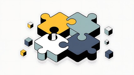 Illustration of four connected puzzle pieces representing teamwork cooperation and problem solving concept in a creative manner