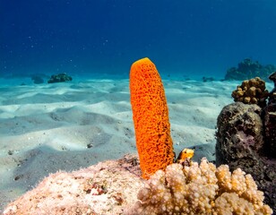 Orange tube sponge on sandy ocean floor