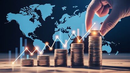 Increasing stacks of coins representing growth with upward trend line and world map background for financial success