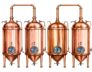 Copper brewing tanks in a row.  Detailed illustration