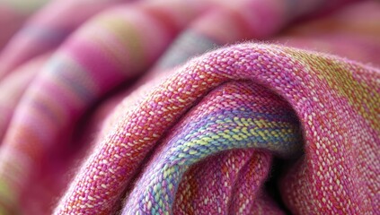 Close-up of a rolled, vibrant, striped blanket
