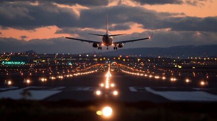 Airplane landing at night on a runway with city lights in the background