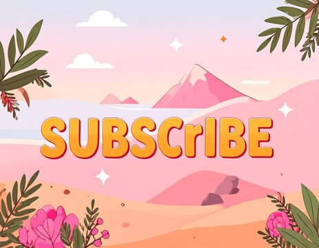 Pastel beach scene with mountain backdrop; prominent "SUBSCRIBE" text framed by tropical flora