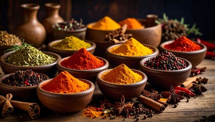 Colorful spices in bowls on a wooden table