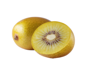 Two halves of a golden kiwi fruit.  Close-up, studio shot
