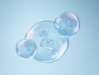 A close-up view of transparent, spherical objects with internal molecular structures against a soft blue background.
