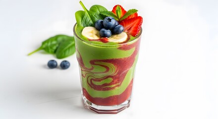 A colorful layered smoothie, showcasing fresh fruits and greens