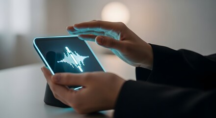 Hands touching tablet with app and graphic icon