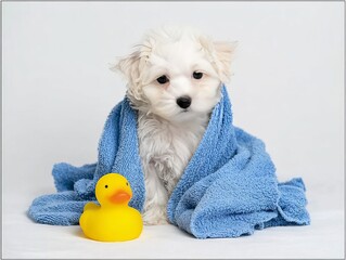 Adorable puppy wrapped in a blue towel, accompanied by a yellow rubber duck on a white background.