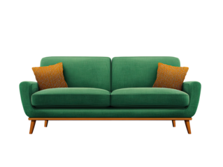Mid-century modern teal sofa with mustard cushions