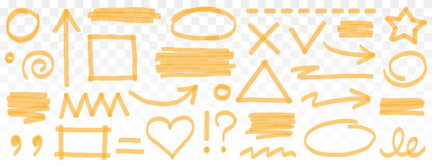 Highlight marker pen element set. Yellow color marker and brush stroke with highlight underline, check arrow and round circle. Doodle texture sketch shapes in school art style. Vector illustration