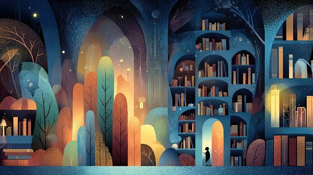 A whimsical illustration depicts a fantastical library scene, featuring colorful stacked books, forest, & arches