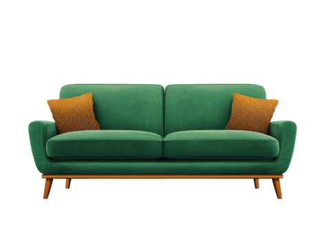 Mid-century modern teal sofa with mustard cushions
