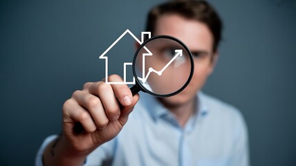 Man examining real estate market trends with a magnifying glass and rising graph symbol signifying growth