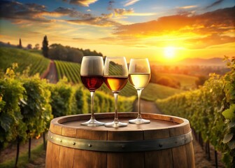 Three glasses of wine on a wooden barrel in the vineyard at sunset with lush greenery and vines surrounding it