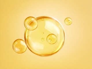 A close-up view of golden, translucent liquid bubbles floating against a warm yellow background, showcasing their reflective surfaces and varying sizes.