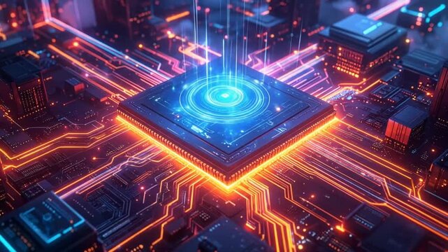 Futuristic High Tech Computer Chip with Light Trails and Circuit Board Animation