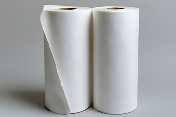 Two pristine white paper towel rolls stand ready for use, showcasing their absorbency and utility for any home or professional cleaning task.